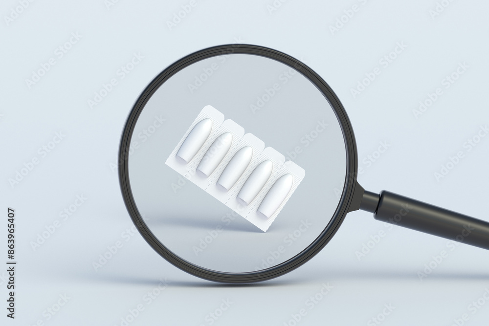 Suppositories behind magnifying glass. 3d render Suppositories behind magnifying glass. 3d render