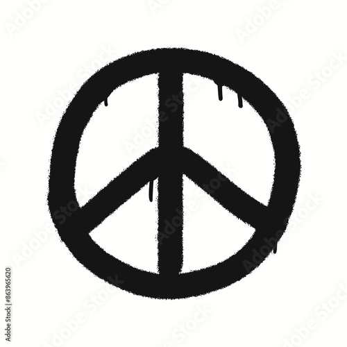 Black graffiti clip art. Urban street style. Sprayed paint peace symbol. Splash effects and drops. Grunge and spray texture.