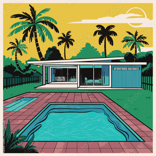 Landscape with swimming pool and mid-century house in the first plan and trees and palms in the background. Handmade drawing vector illustration. Pop Art style