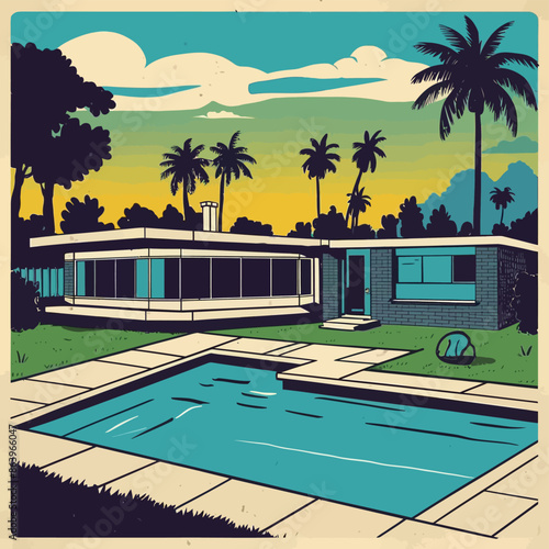 Landscape with swimming pool and mid-century house in the first plan and trees and palms in the background. Handmade drawing vector illustration. Pop Art style