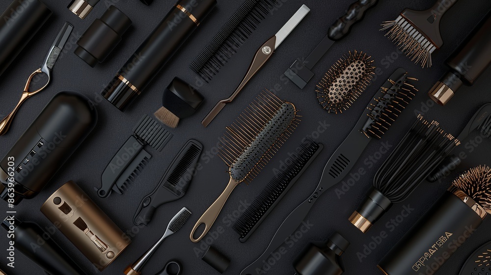 Fototapeta premium Hair tools and accessories displayed on a dark backdrop