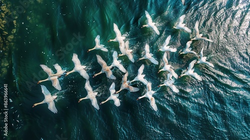 Top view of a flock of swans flying over a sea a text or product background a concept of migrating, Generative AI. photo