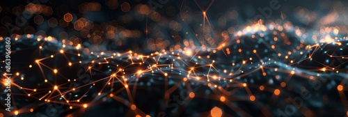 A visually striking image of a digital network with glowing orange nodes distributed across a dark background, symbolizing modern communication and technology. photo