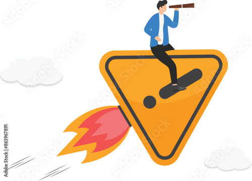 High risk. Efforts not to fall, fail or go bankrupt. Businessman or entrepreneur hugs giant warning sign that flying up. Attention, incident management, identify risk or critical failure. flat vector
