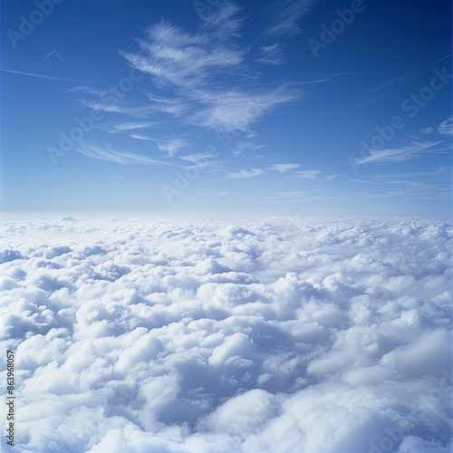 A view of a whispy blue sky above and a bed of gentle clouds below. Generative ai