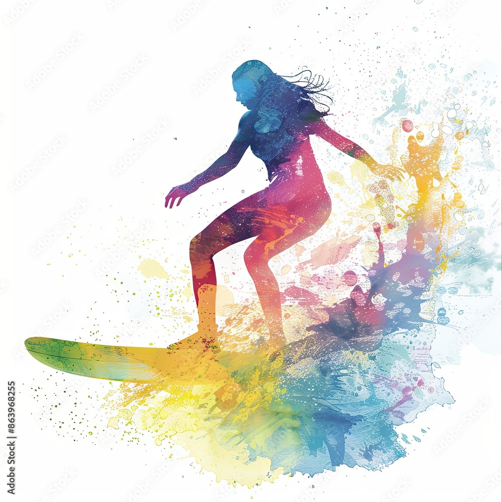 Fototapeta premium artwork depicts a surfer in action, surrounded by bold, colorful splashes that emphasize motion and intensity against a white backdrop.