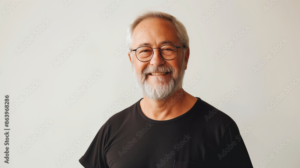 A man with a beard and glasses is smiling and wearing a black shirt. He looks happy and content A man with a beard and glasses is smiling and wearing a black shirt. He looks happy and content
