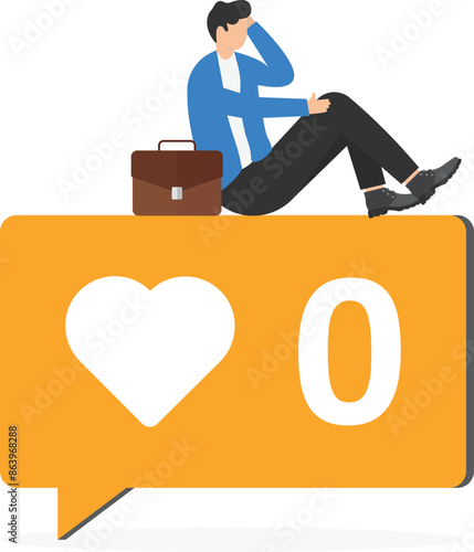 Unhappy man with big speech bubble. Male user of social network has no likes and approval of people. Lack of interesting content. Mental problems due to social media. Flat vector illustration

