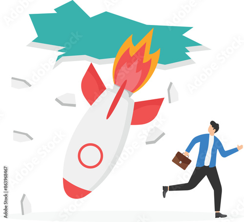 Failed startup. Rocket crashed down and went through roof of the company building. Sad people investors look at burning spaceship. Unprofitable new business, bad decisions. Bad management. Flat vector