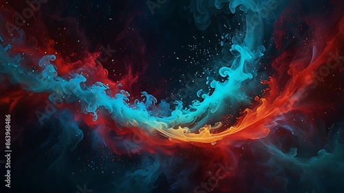 A mesmerizing composition of swirling bule cyan red smoke adorned with sparkling glitter particles, creating an ethereal and luxurious abstract background. photo