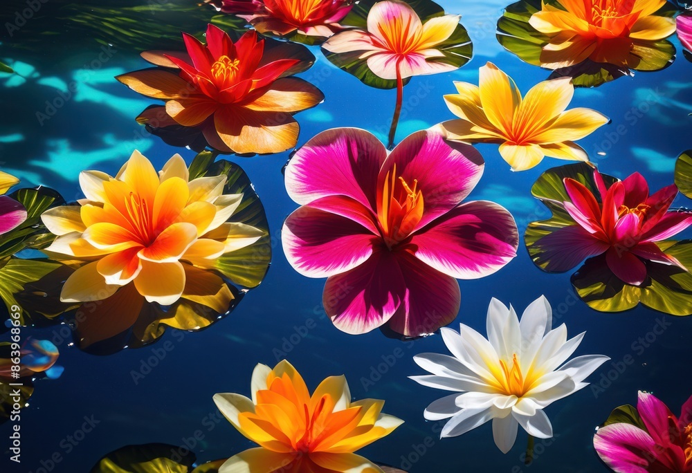 Fototapeta premium vibrant tropical flowers floating crystal clear pool serene nature scene colorful petals reflecting water, reflection, beautiful, exotic, aquatic, plant, flora, fresh