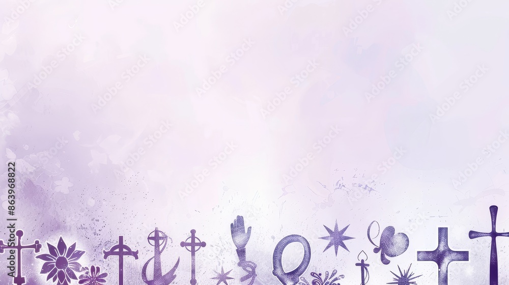 Fototapeta premium Various religious symbols on a purple artistic background - The image displays a collection of various religious symbols in a cohesive artistic design, set against a purple background that accentuates