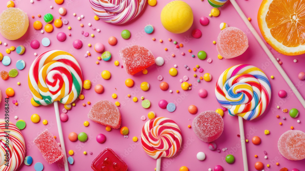 A flat lay of colorful lollipops, candies, and gummies on a pink background. The lollipops have colorful swirls and are arranged in a scattered fashion A flat lay of colorful lollipops, candies, and gummies on a pink background. The lollipops have colorful swirls and are arranged in a scattered fashion