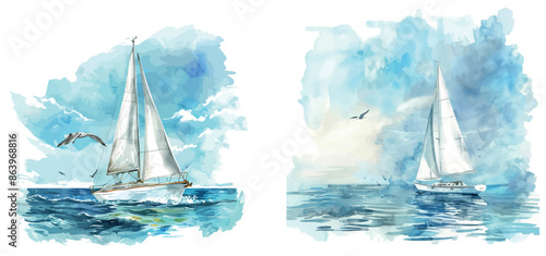 Seagulls and a yacht in the sea. Colorful watercolor illustration, wallpaper, background with sail boat.