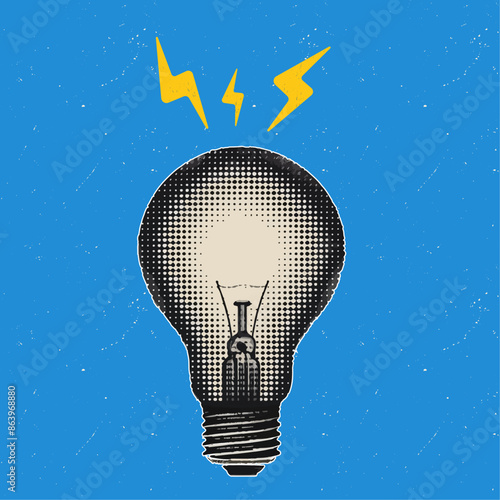 Trendy halftone collage of lightbulb symbol of idea, creativity drip. Creative idea concept. Business solutions and strategy. Creative mind or brainstorm. Marketing time. Vector illustration. 