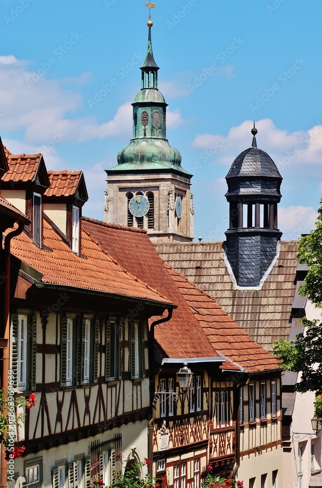 Königsberg in Bayern, Fachwerkhäuser, Kirchturm Königsberg in Bayern, Fachwerkhäuser, Kirchturm