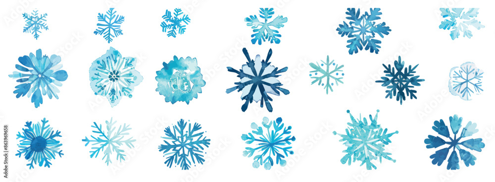 A big bundle of blue watercolor snowflakes that have been drawn by hand A big bundle of blue watercolor snowflakes that have been drawn by hand