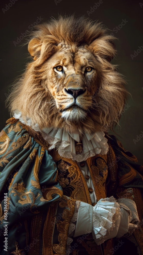 Lion aristocrat in luxurious clothing, dark background. Lion aristocrat in luxurious clothing, dark background.