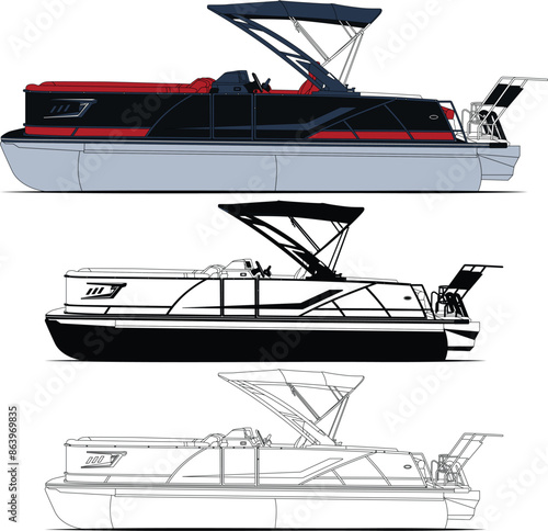 Pontoon boat vector, boat vector, motorboat vector, line art illustration.