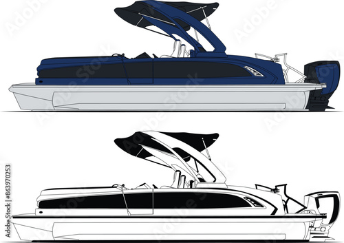 Pontoon boat vector, boat vector, motorboat vector, line art illustration.