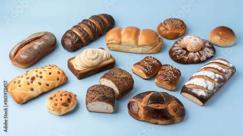 Assortment of bread buns and rolls isolated on a white background