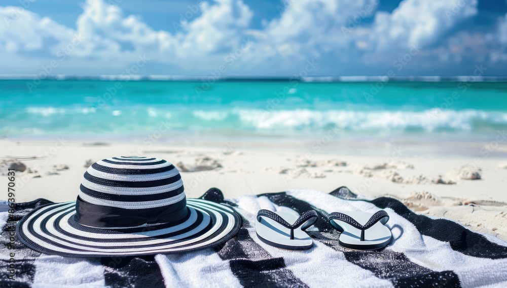 Obraz premium Beach Hat and Flip-Flops on Sandy Shoreline by Turquoise Sea