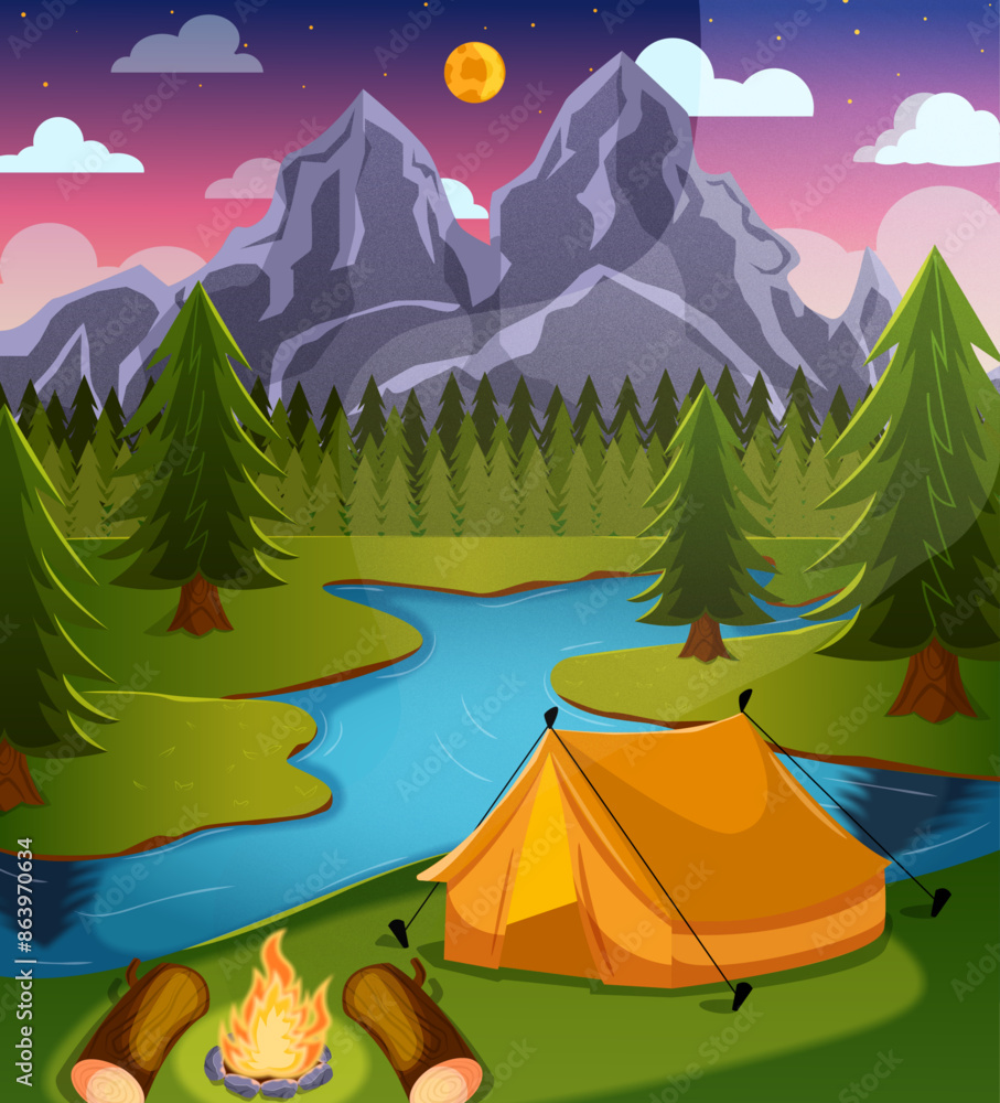 Summer Camping Scene at Night in Mountainous Forest Landscape Summer Camping Scene at Night in Mountainous Forest Landscape