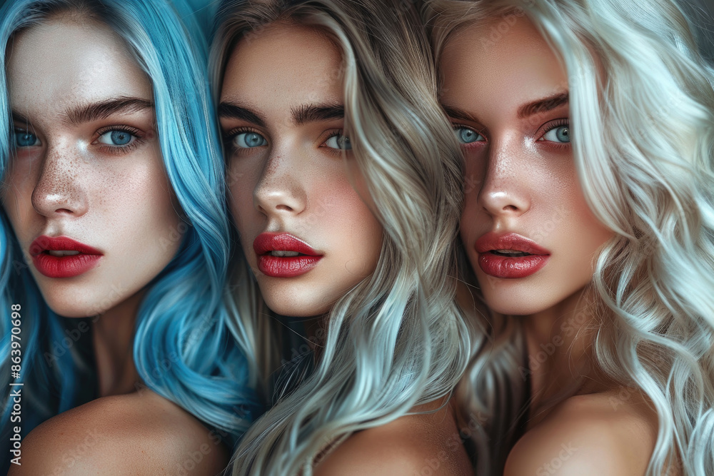 Fototapeta premium Three women with blue, blonde, and silver hair pose for a close-up portrait