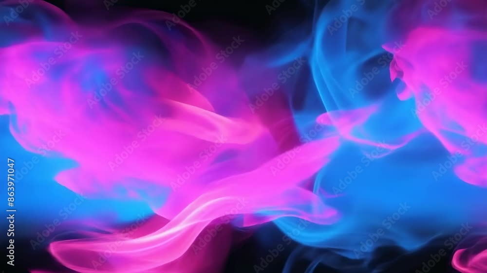 Abstract art featuring vibrant neon pink and blue flames swirling against a black background. The bright colors create a dynamic and energetic mood, showcasing fluid motion and vivid contrast. Abstract art featuring vibrant neon pink and blue flames swirling against a black background. The bright colors create a dynamic and energetic mood, showcasing fluid motion and vivid contrast.