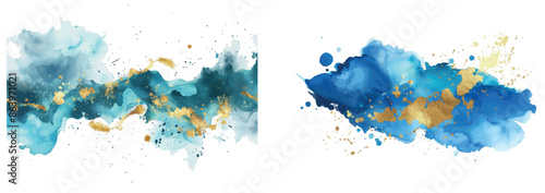 Modern watercolor blue and gold shapes on white background.