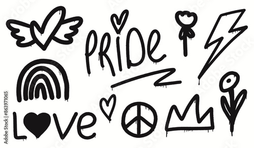 Black and white graffiti set in street style. Heart with wings, rainbow, pride text, peace symbol, love, crown, lightning bolt, and flowers. Ideal for urban, modern, and expressive designs.