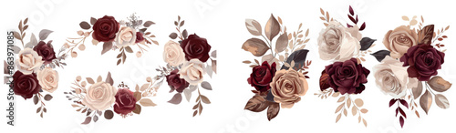 Flowers and leaves with brown and burgundy colors. Illustration for a wedding card, fabric, or logo.
