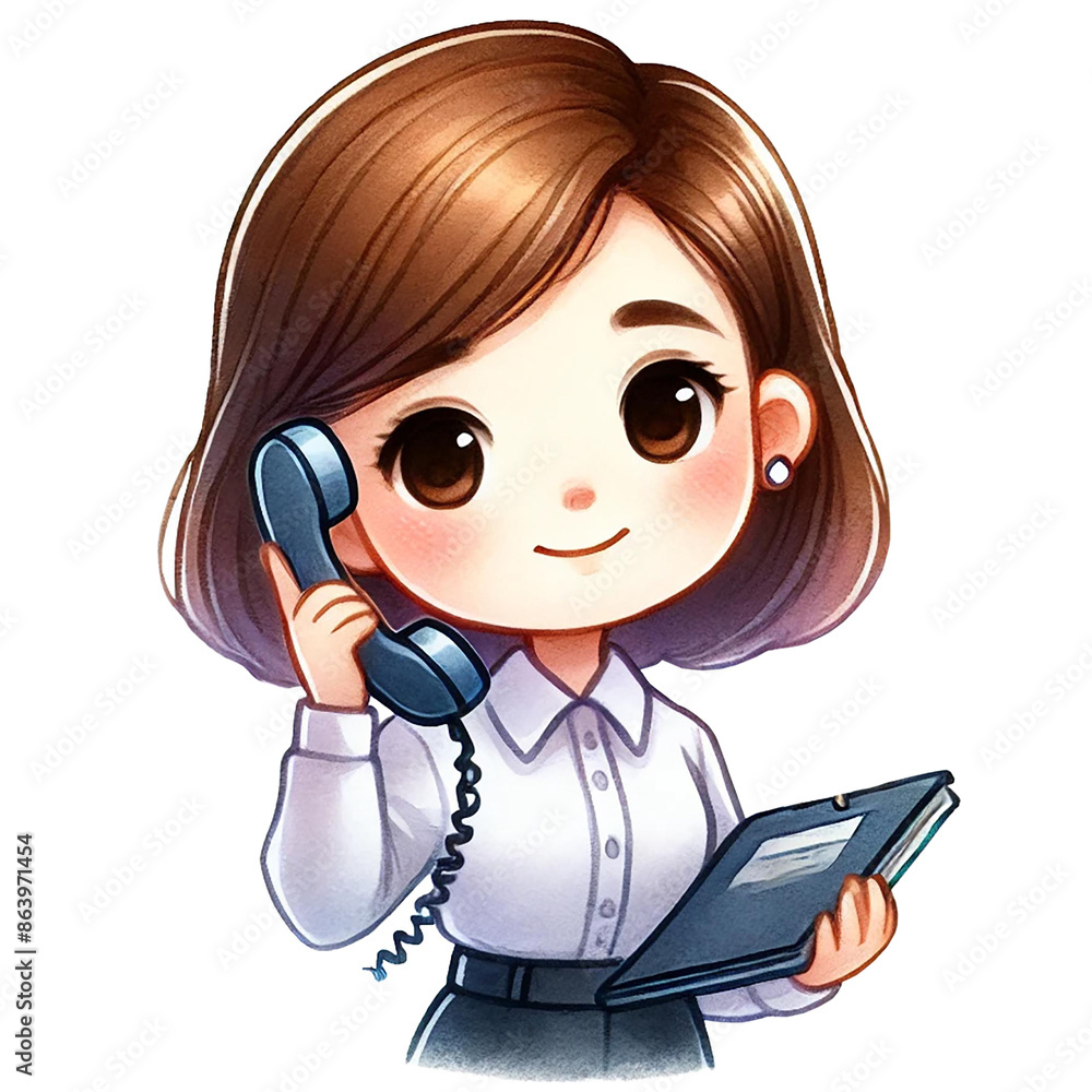 A cute cartoon woman with brown hair holding a phone and a notepad. A cute cartoon woman with brown hair holding a phone and a notepad.
