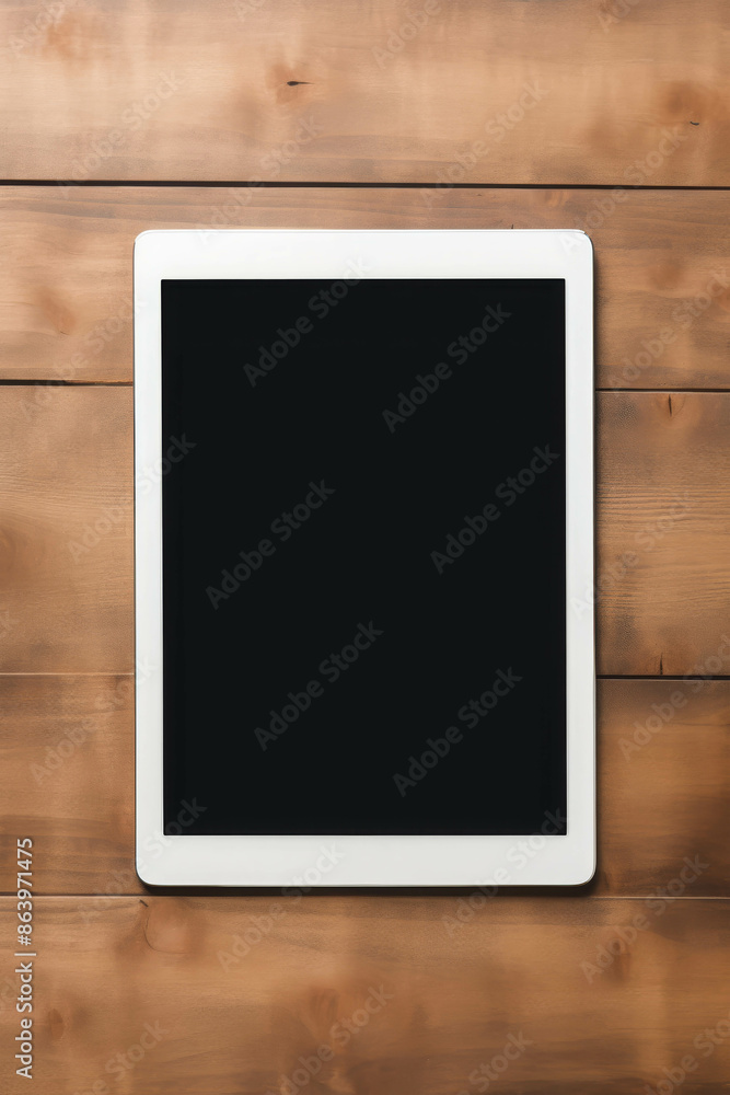Modern White Tablet with Black Screen Placed on Smooth Wooden Surface Background Modern White Tablet with Black Screen Placed on Smooth Wooden Surface Background