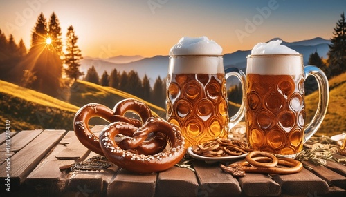 Portray the cultural richness of Oktoberfest with traditional Bavarian beer steins and pretzels. photo