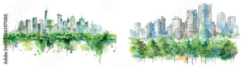 Watercolor illustration of a modern cityscape with a park and buildings.