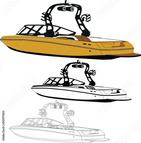 Vector, line art, and color image of jet motor boat on a white background