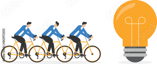 Business team on tandem bike getting idea as light bulb. Symbol of leadership, new Idea, innovations, successful brainstorming and teamwork. Co-founders pitching new ideas. flat vector illustration

