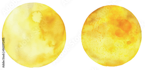 An isolated yellow watercolor circle shape on white background. There's space for text in the round aquarelle background. The background has an abstract texture created with watercolour stains.