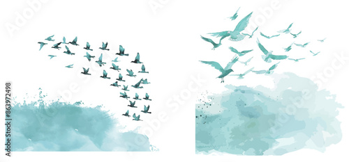 An isolated flock of birds in blue watercolor modern format