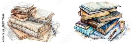 Handmade watercolor illustrations for an old book. Ancient folios, manuscripts, scrolls, and an open book.