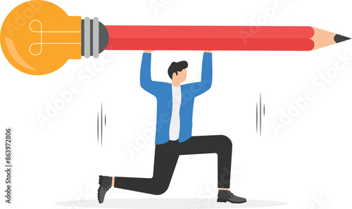 Efforts in business development. Businessman taking pressure from a pencil. Male writer or blogger with burnout, emotional stress. Effectiveness and productivity. flat vector illustration

