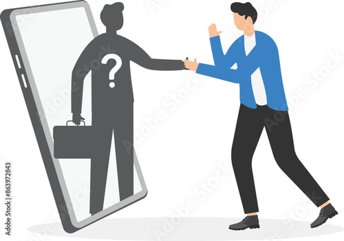 Businessman makes deal with an anonymous person online, handshake after successful agreement in network. Danger of doing business with an unfamiliar counterparty. Cybercrime. Silhouette of hypocrite.
