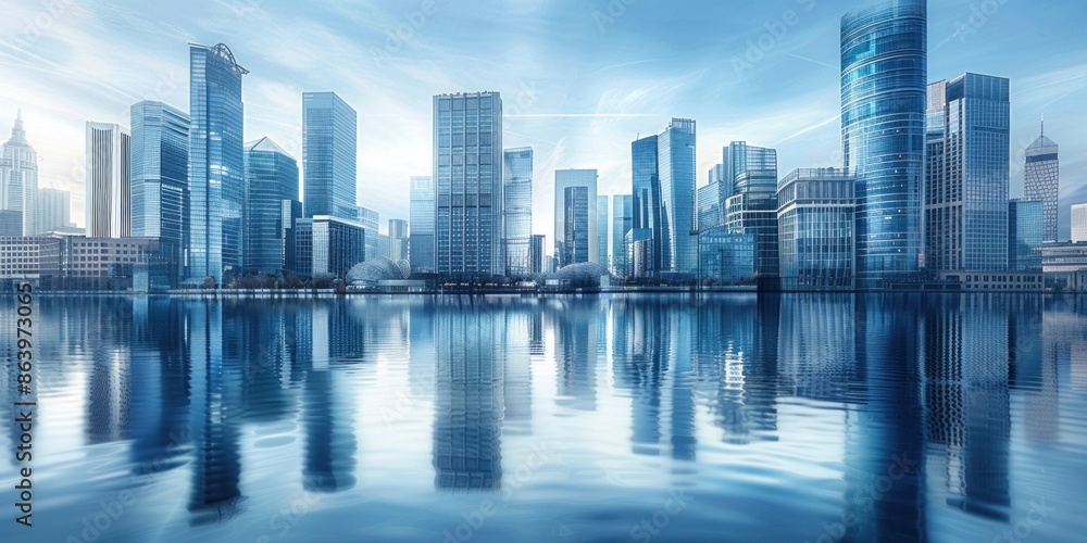 Modern Urban Skyline Against Calm Waters Modern Urban Skyline Against Calm Waters