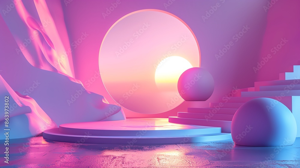 Abstract 3D scene with geometric shapes and vibrant colors, featuring a glowing sunset in a surreal, futuristic environment. Abstract 3D scene with geometric shapes and vibrant colors, featuring a glowing sunset in a surreal, futuristic environment.