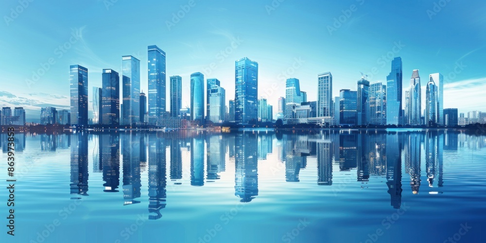 Modern City Skyline Reflected in Water Modern City Skyline Reflected in Water