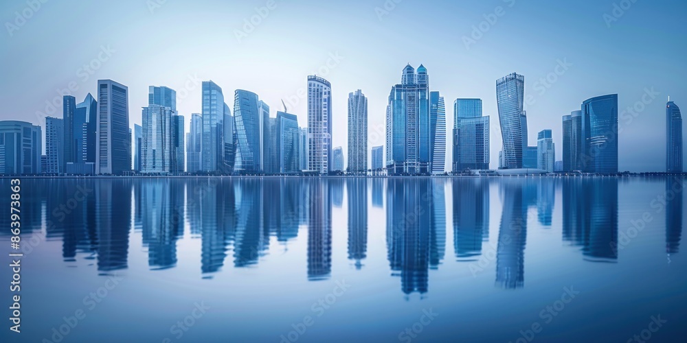 Modern City Skyline Reflection Across Calm Water Modern City Skyline Reflection Across Calm Water