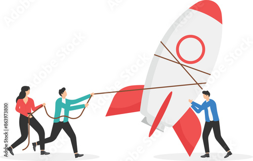 Businesspeople teamwork pull rope with rocket. Office people work on new project. Business idea, innovation for launch startup. Inspiration, work hard, start-up and creativity. Pitching ideas. vector
