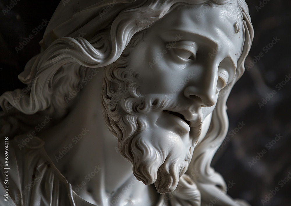 Sculpture of Jesus Christ in marble, lifelike details capturing his serenity and strength, classic artistic representation Sculpture of Jesus Christ in marble, lifelike details capturing his serenity and strength, classic artistic representation
