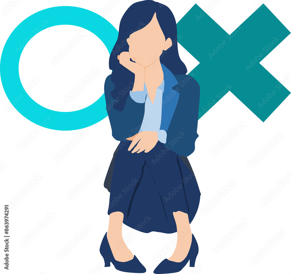 〇×を考えるビジネスウーマンのイラスト 〇×を考えるビジネスウーマンのイラスト